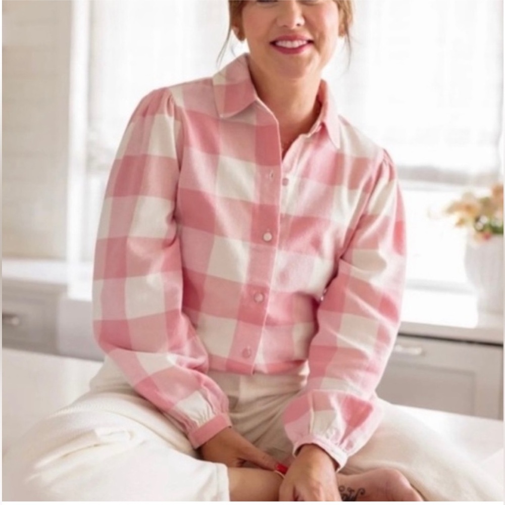 Women's L Joe Fresh Pink and White Gingham Button Down Shirt x Jillian